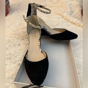 Cole Haan black suede, wedge with gray snakeskin trim